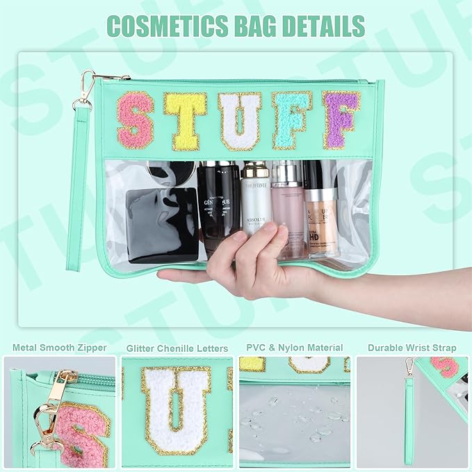 BuyCard Clear Stuff Bag for Travel, Preppy Chenille Letter Embroidered Zipper Pouch, Waterproof PVC & PU Leather Clear Cosmetic Bag, Toiletry Makeup Bag for Women Girls Mint Green