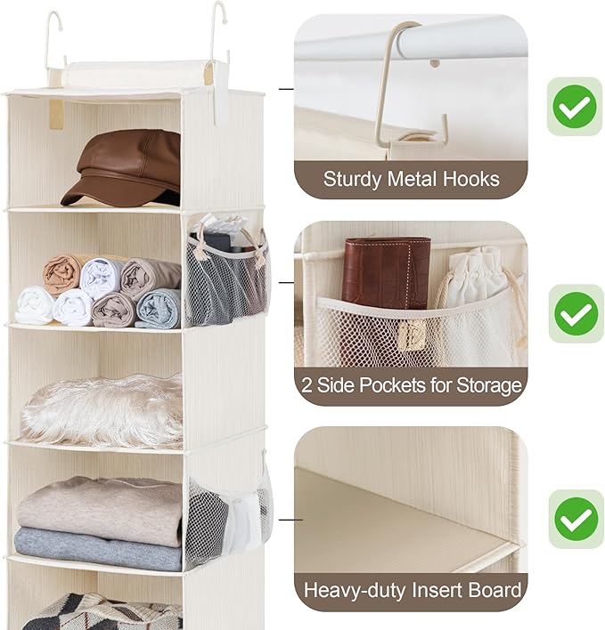 StorageWorks 6-Shelf Hanging Closet Organizer, Hanging Shelves for Closet, Fabric, Mixing of Beige, White & Ivory, 12" D x 12" W x 47 1⁄2" H