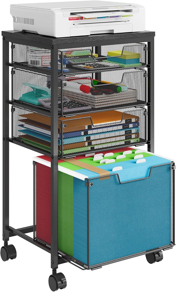 Rolling File Cart with 4 Storage Drawers, Filing Cabinet for Home Office, Hanging File Folder Organizer with Wheels Under Desk, Utility Craft Cart Printer Stand, Black, Patent Pending