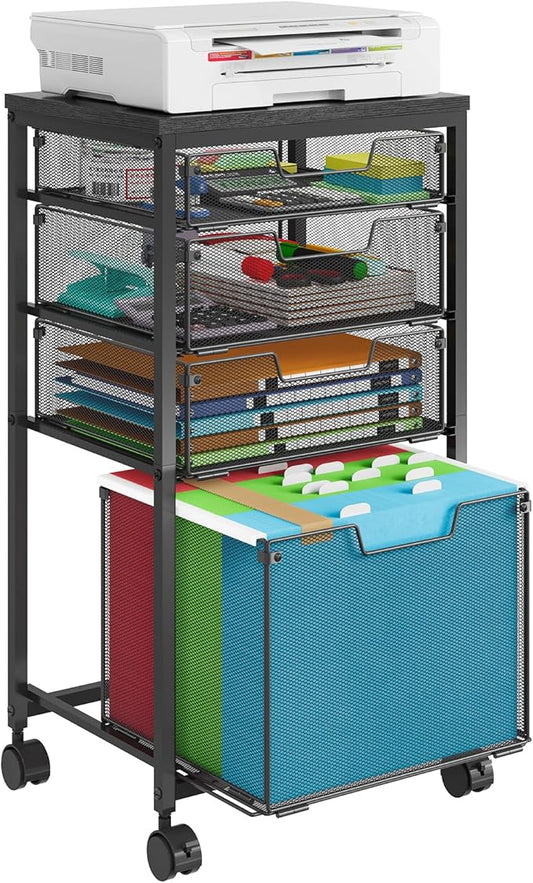 Rolling File Cart with 4 Storage Drawers, Filing Cabinet for Home Office, Hanging File Folder Organizer with Wheels Under Desk, Utility Craft Cart Printer Stand, Black, Patent Pending