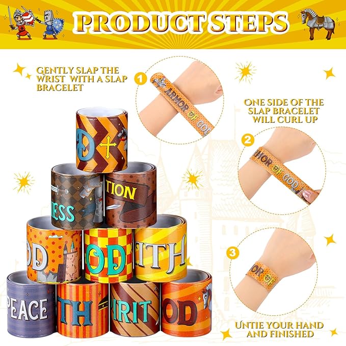 Frienda 40 Pcs Knight Slap Bracelets for Kids Bulk Medieval Theme Party Favors Slap Bracelets Armor of God Christian Bible Verse Religious Wristbands for Sunday School Supplies Classroom Rewards