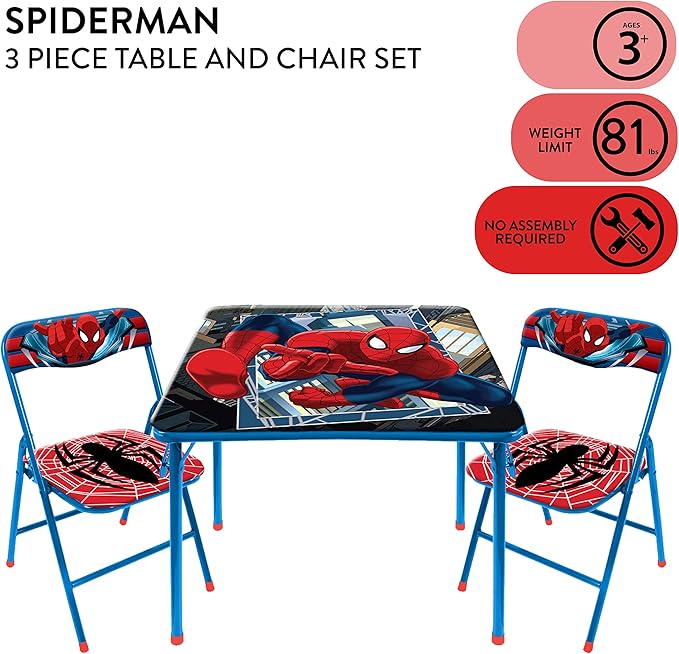 Idea Nuova Marvel Spiderman 3 Piece Children's Activity Square Table and Chair Set, Ages 3+ (NN201039)