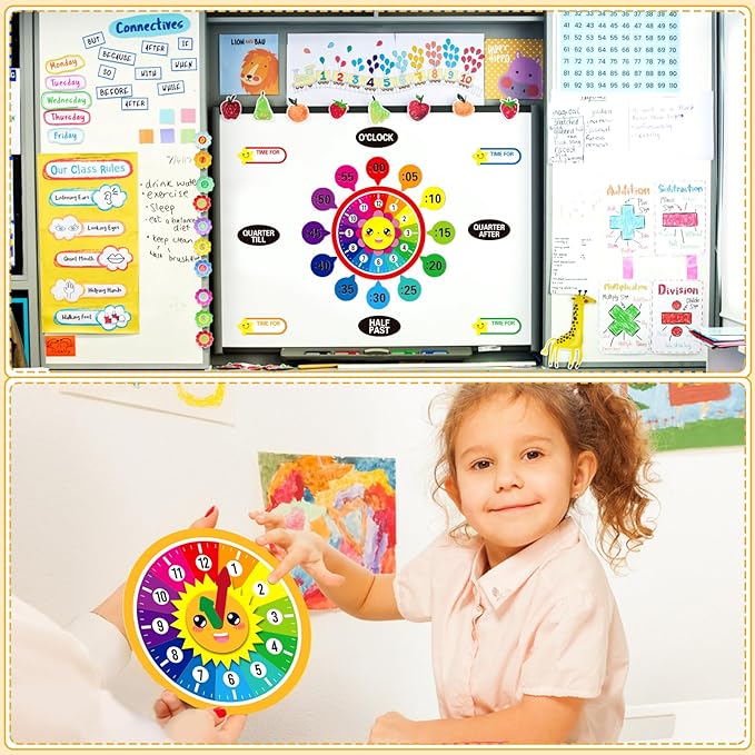 WhatSign Telling Time Bulletin Board Set Telling Time Teaching Clock for Kids 34Pcs Kids Clock Learning to Tell Time Clock Practice Cutout for Teacher Must Have Classroom Bulletin Board Decorations