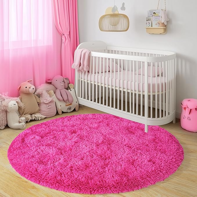 Xexsin Round Fluffy Rugs 7Ft for Girls Bedroom, Hot Pink Shag Circle Kids Rug Non-Slip for Bedside Dorm Nursery Playroom, Soft Cute Area Rugs for Living Room Decor
