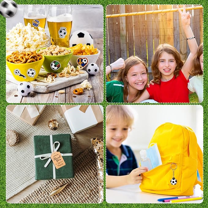 130 Pcs Soccer Party Favors Soccer Gift with Soccer Keychain Organza Soccer Goodie Bags Soccer Bracelet Soccer Stickers Kraft Tag Soccer Party Decorations for Boys Girls Birthday Sports Events
