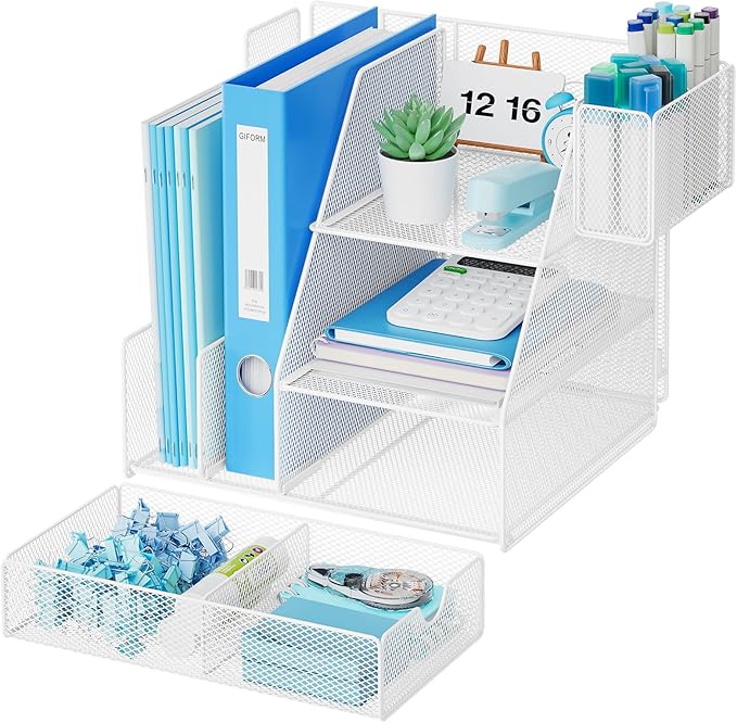 Marbrasse Desk Organizer and Accessories, 3-Tier File Organizer with Drawer and Pen Holder, Small Desktop Organizer and Storage for Workspace Office Supplies White