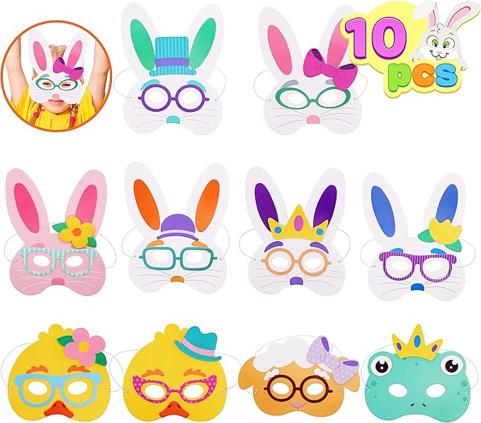 JOYIN 10 Pcs DIY Easter Bunny Mask Craft Kit Easter Crafts and Activities for Pretend Play, Decorate and Wear, Dress-Up Party Accessory, Animal Mask Assortment Easter Eggs Hunt and Theme Party