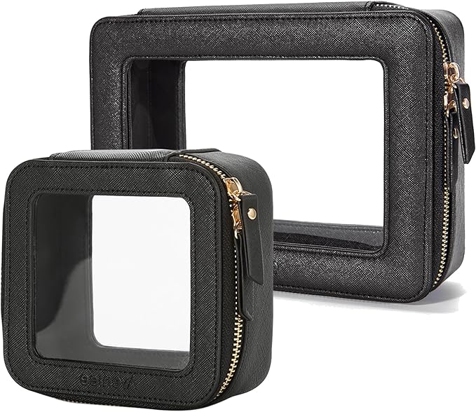 Aveniee Clear Makeup Bag Set (2-Piece Mini & Midi) - Travel Toiletry Organizer for Women, Waterproof Cosmetic Pouch & Car Accessory for Travel Size Toiletries, Black