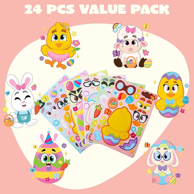 JOYIN 24 PCS Easter Match Make a Face Stickers with Easter Egg Themed Chick Bunny Sheep Egg Pattern, Stickers for Kids, Decorations for Water Bottle, Basket Stuffers, Classroom Gifts