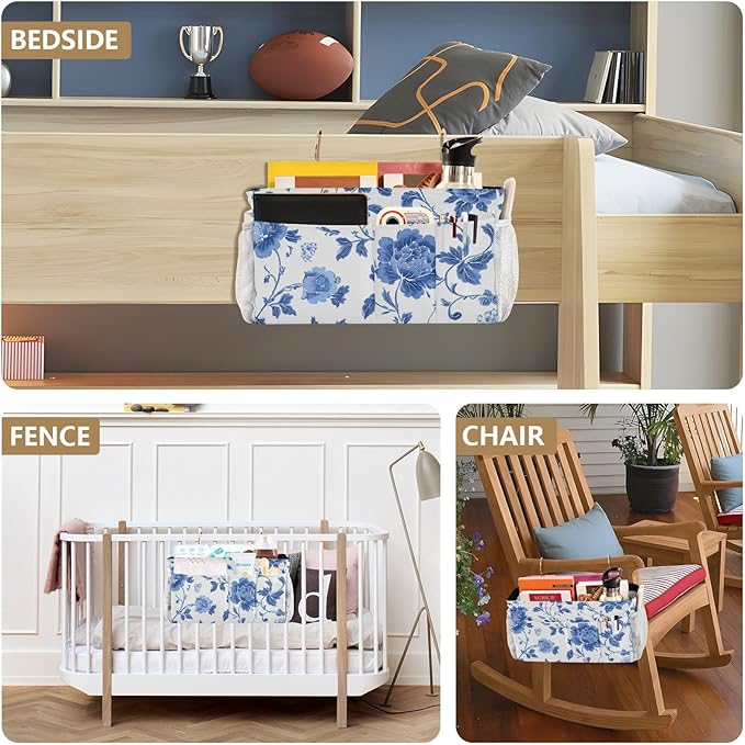 Flowers Blue and White Pattern Bedside Caddy for Dorm Bed Bedside Hanging Caddy Bag Iron Frame Storage Organizer Pocket for Bunk Home College Hospital Beds 2 Hooks