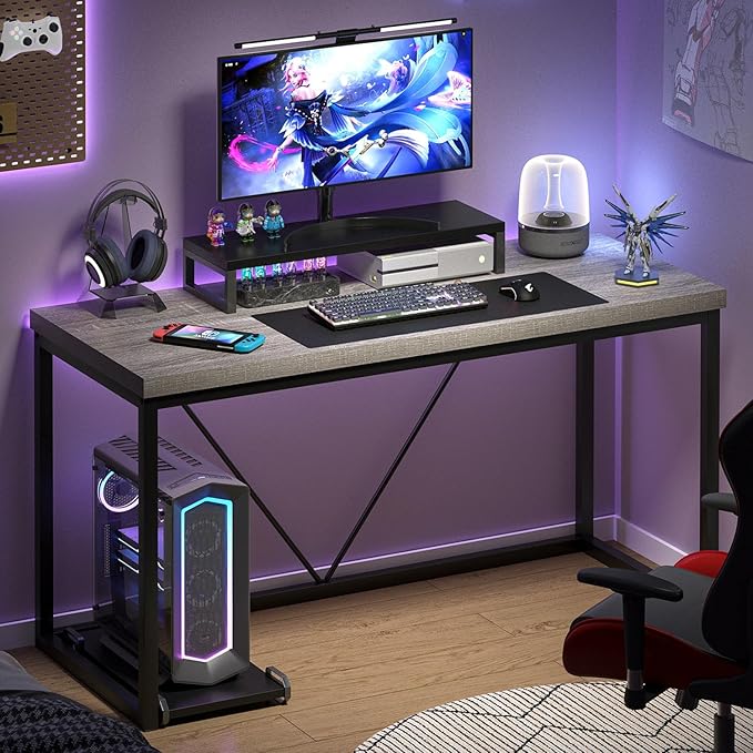 FOLUBAN Modern Home Office Desk, Industrial Vintage Computer Desk, Rustic Wood and Metal Study Writing Table, Simple Work Gaming PC Desks for Bedroom Living Room, Light Grey 53 Inch