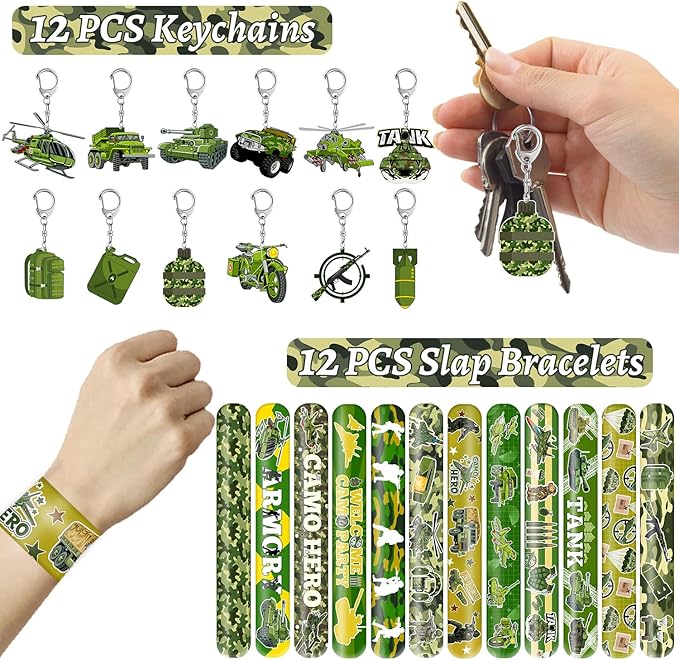122 PCS Army Party Favors, Military Camo Temporary Tattoos Slap Bracelets Keychains Stickers Badges Goodie Bags Soldiers Figures for Army Birthday Party Decorations Gifts for Kids Classroom Rewards