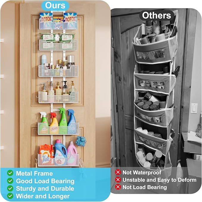 Hongtamoya Over The Door Organizer, Metal Hanging Door Organizer with 6 Adjustable Baskets and 5 Hooks, Behind The Door Storage for Closet Pantry Cabinet Kitchen Bathroom Bedroom, White