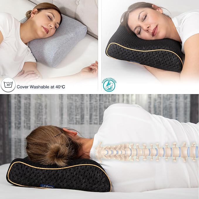 alkamto Travel & Camping Comfortable Memory Foam Pillow – Easy to Carry Portable Bag – Temperature Regulating Pillow Case (Black Contour + Extra Cover)
