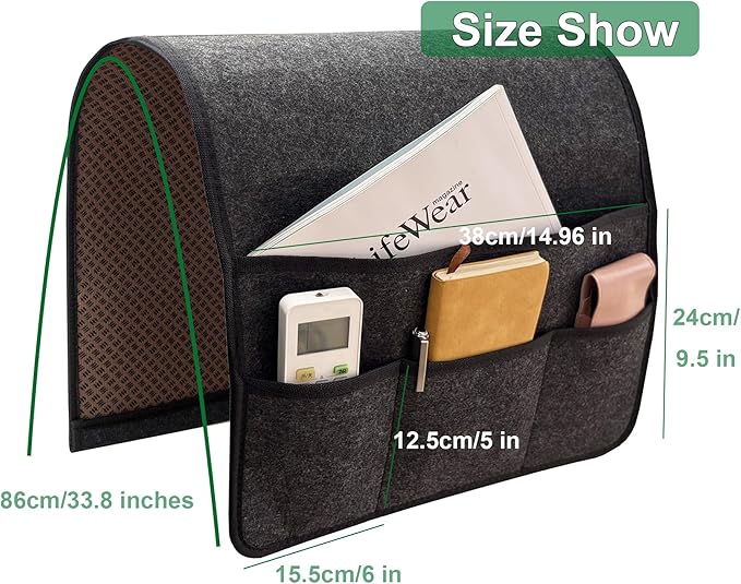 Sofa Armrest Caddy, Armchair Caddy for Recliner, Couch Organizer, Bedside Organizer, Remote Holder with Silicone Non-slip Design,4 Pockets for Magazine, Notepad,Phone, Ipad, Glasses (Black)