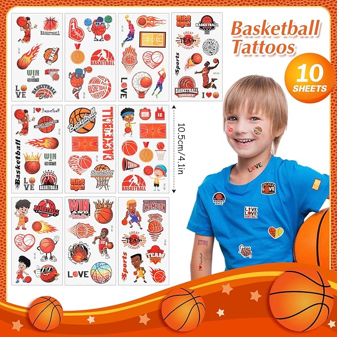 Aoriher 108 Pcs Basketball Party Favors Set Basketball Party Themed Goodie Bag Fillers Mini Basketball Balls Whistle Silicone Bracelet Tattoo Sticker Temporary Keychain for Sport Party Supplies