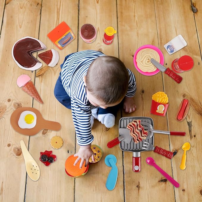 50 PCS Kids Deluxe Pretend Play Food Set with Kitchen Tools, Breakfast, Fast Food, Ice Cream & Desserts - Fun & Interactive Gourmet Toy Assortment Playset for Imaginative Play
