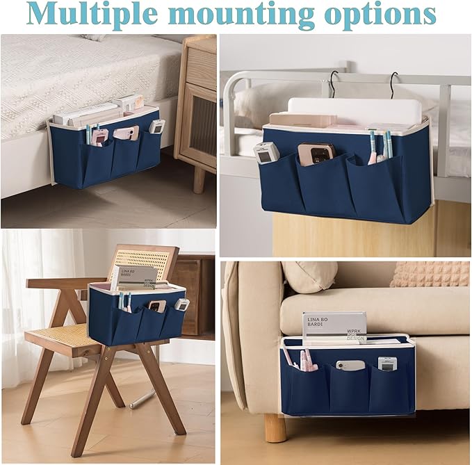 Bedside Caddy/Bedside Storage Organizer Hanging Bag with Three Options,Suitable for home beds, sofas, and dormitory beds—can hold magazines, books, phones, iPads, remote controls. (Navy Blue)