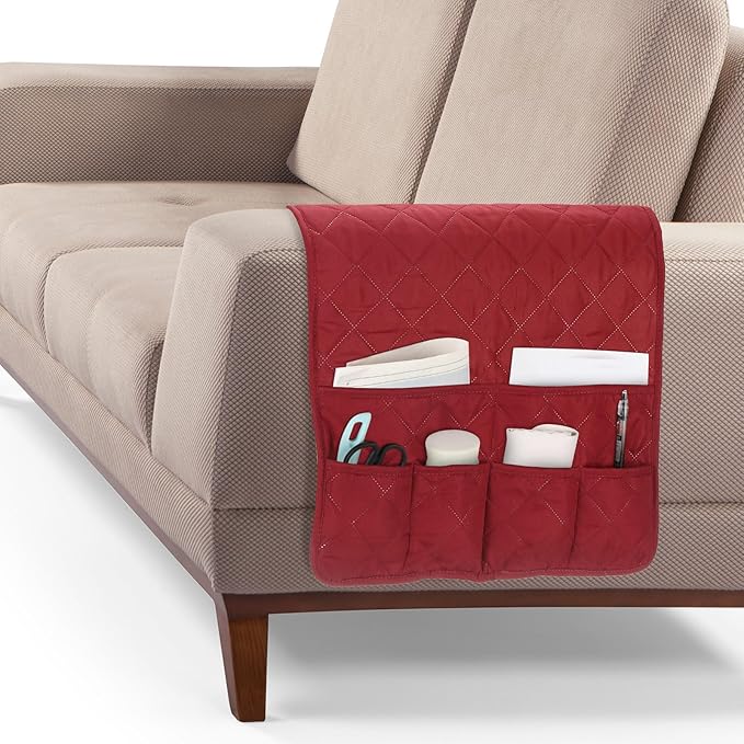 uxcell Couch Sofa Armrest Organizer Non-Slip Chair Arm Recliner Remote Control Organizer with 6 Pockets for Books, Magazines, Tablet, Phone, Plaid Wine Red