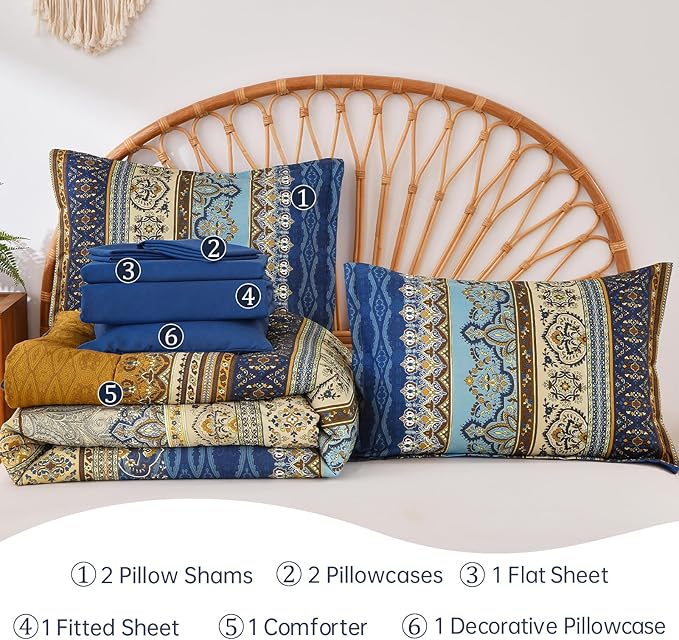Cottolester Boho Comforter Set Full Size 8 Pieces,Brown Blue Bohemian Comforter Paisley Striped Bed in A Bag,Soft Microfiber Bedding Set for All Season
