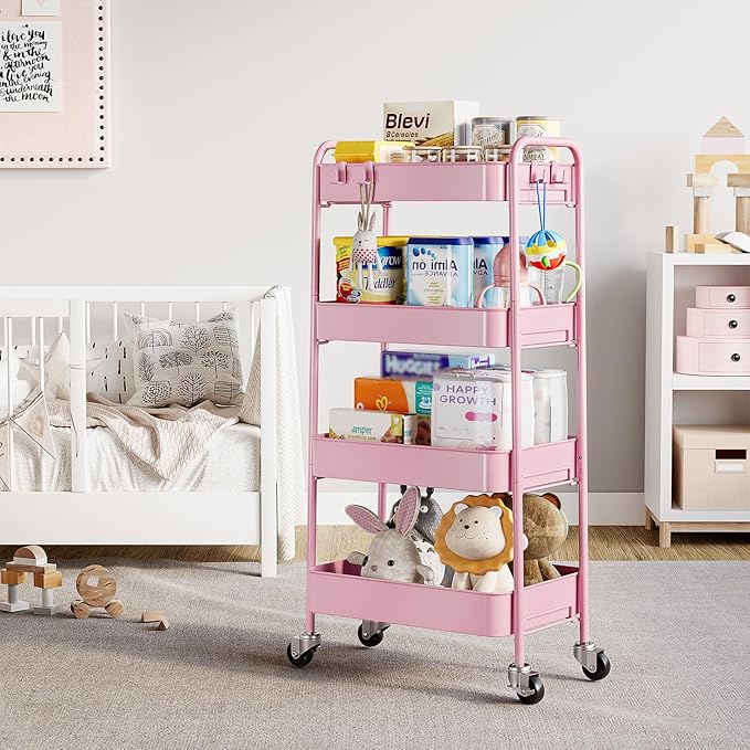 TOOLF 4-Tier Metal Rolling Cart with Wheels, Storage Utility Organizer Cart for Kitchen, Bathroom, Office, Baby Essentials & Makeup - Lockable Casters, Easy Assembly, Large Capacity, Pink