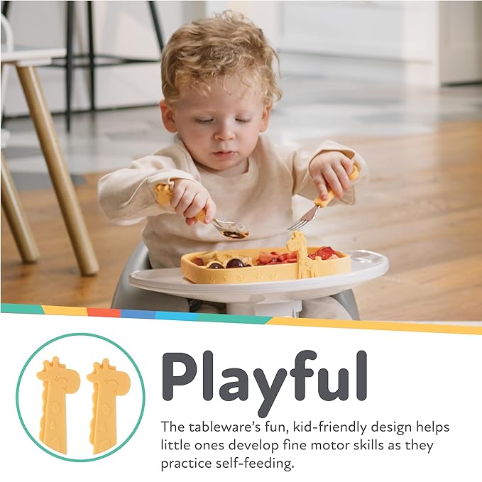 Nuby Animal Friends Silicone and Stainless Steel Fork and Spoon Set - 12+ Months - Yellow Giraffe