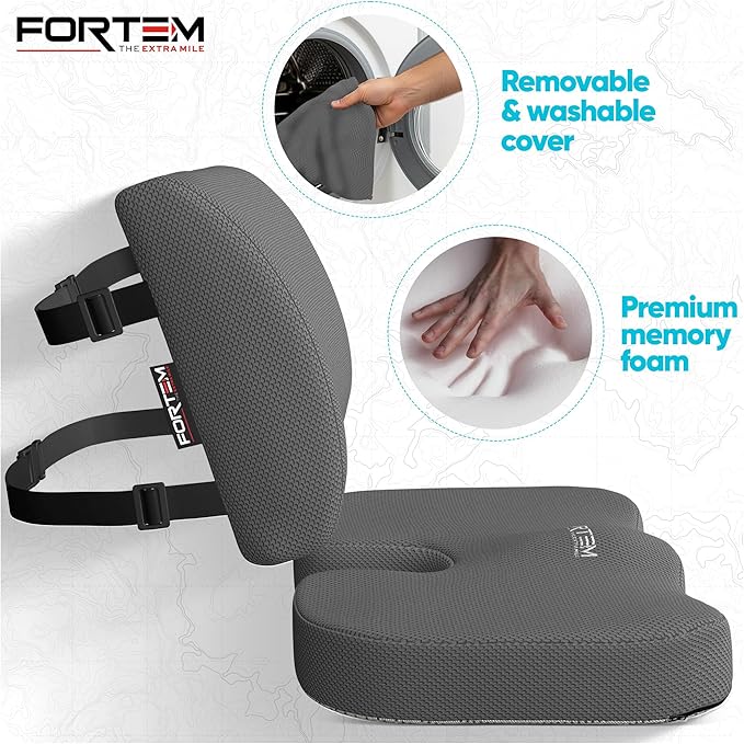 FORTEM Seat Cushion, Office Chair Cushion, Lumbar Support Pillow for Office Chair, Memory Foam Sciatica Coccyx Tailbone Pressure Pain Relief, Car Sitting Pad, Washable Non Slip