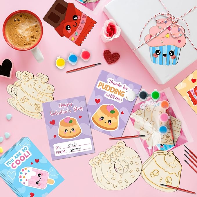 CJiangpo 24 Pack Valentine’s Day Dessert Wood Painting Craft Kits, Valentines Cards with Watercolor Paint Bulk for Boys Girls, Color Your Own Wooden Craft Kids Classroom Exchange Gift Party Favors