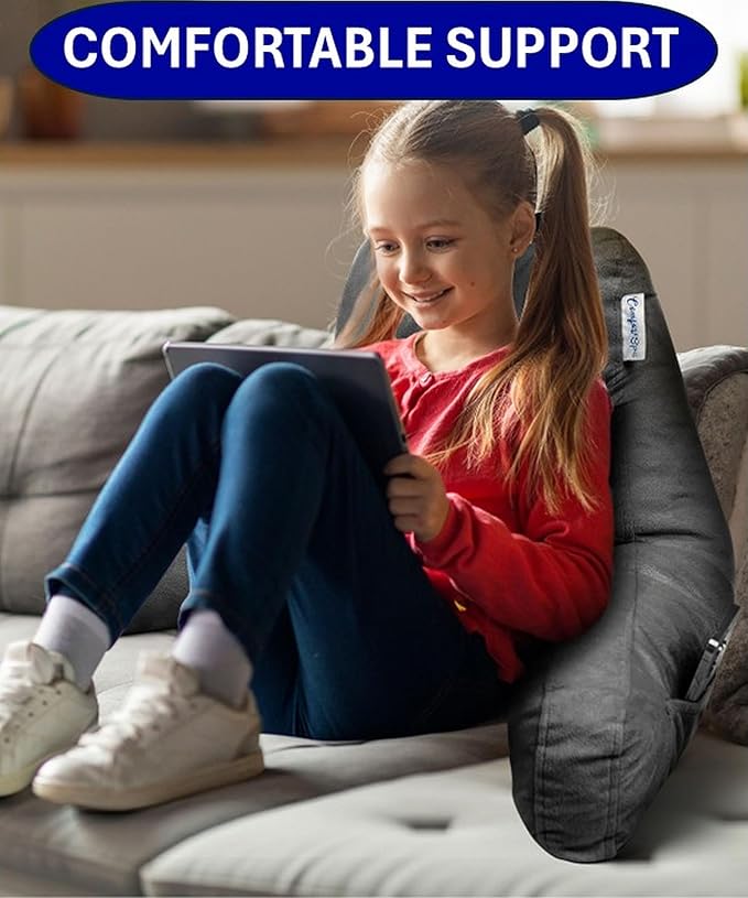 ComfortSpa Reading Pillow for Kids Teens Adult, Back Rest Pillow with Arms, Pockets, Washable Cover; Use as a Back Pillow for Bed Sitting Up for Bedrest or Relief from GERD Heartburn (Standard Grey)