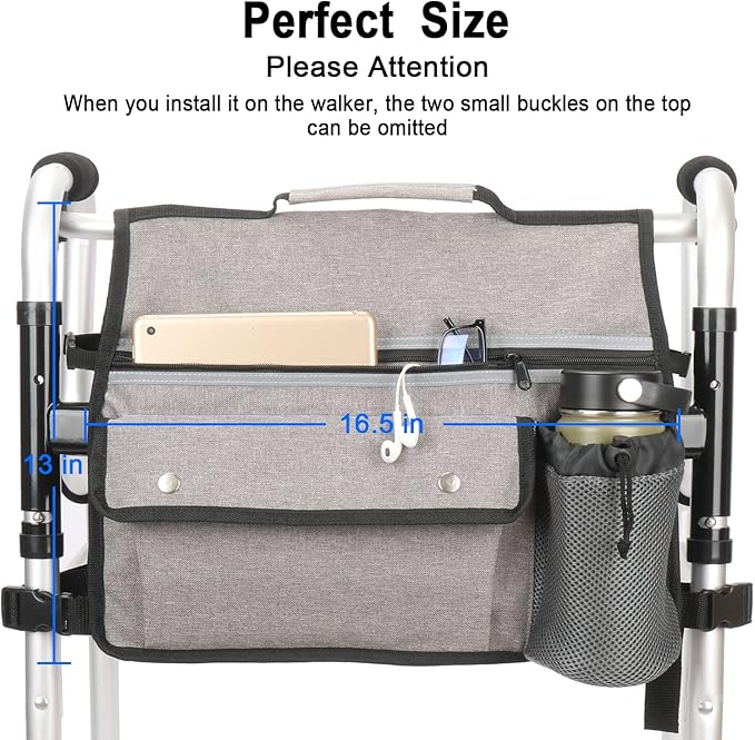 Wheelchair Storage Bag, Double-Sided Armrest Pouch with Cup Holder and Reflective Strip, for Wheelchairs and Walkers (Gray)