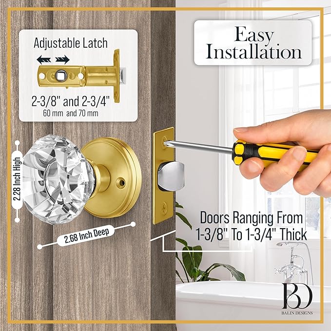 Crystal Door Knob with Lock, Glass Door Knobs Interior Privacy/Passage Set, Vintage Decorative Antique Style Handle for Bedroom, Bathroom, Closet (Gold, Passage Function - 1 Pack)