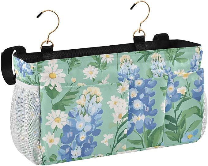 Mint Green Bluebonnet and Daisies Bedside Caddy for Dorm Bed Bedside Hanging Caddy Bag Iron Frame Storage Organizer Pocket for Bunk Home College Hospital Beds 2 Hooks