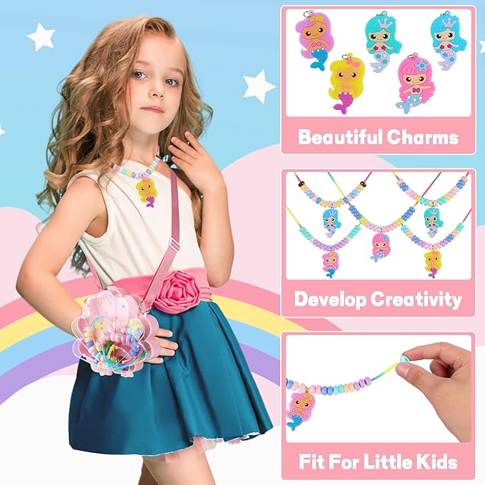 FLYINGSEEDS Mermaid Necklace Making Kit for Little Girls, Beads Jewelry Toys with Shoulder Box, Beaded Arts and Crafts Best Gifts for Toddlers Kids Age 3-5 4-6 7 8 9 10