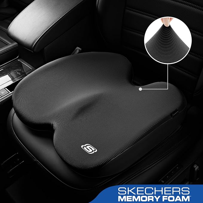 Skechers Seat Cushion, Ergonomic Memory Foam Cushion for Long Sitting Hours on Office & Home Chair, Car Seat Cushion for Sciatica, Coccyx Cushion,Black