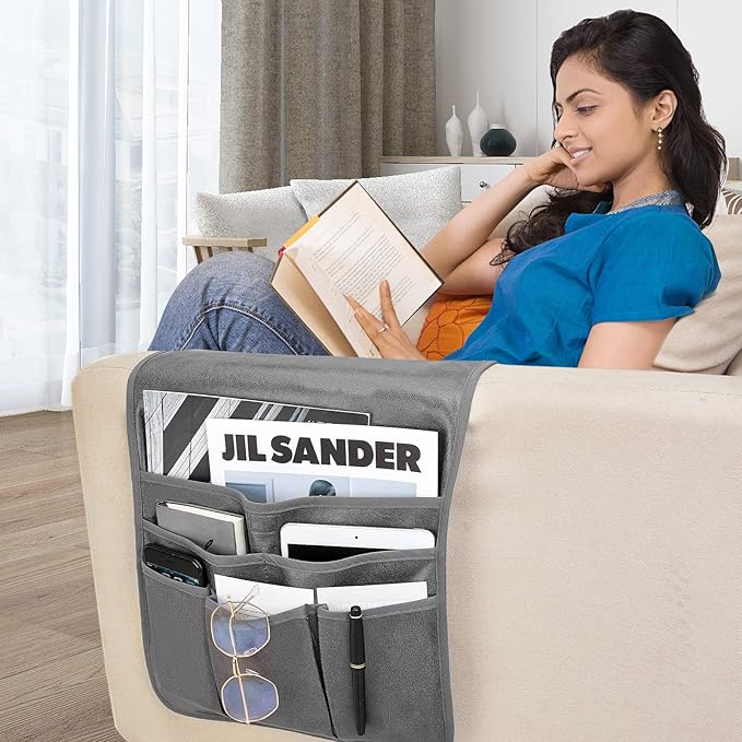 Teniux Remote Control Holder Faux Leather Armrest Organizer with 6 Pockets for Recliner Couch Sofa, Armchair Caddy for Smart Phone, Book, Magazines, Ipad, Remotes (Dark Grey)