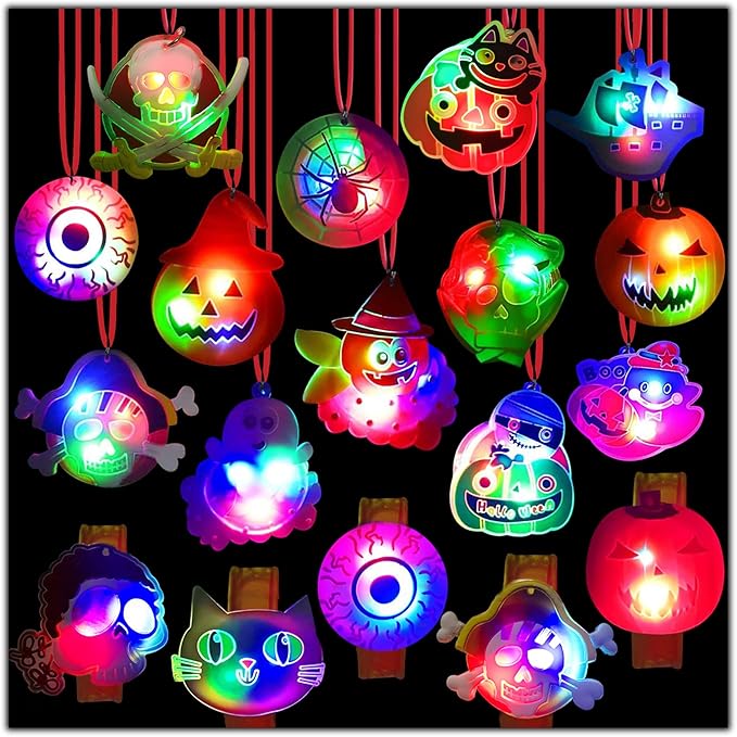 Halloween Lights- 24 pcs Halloween LED Necklace Bracelets Pumpkin Ghost Pirate Spider Eyeball Halloween Party Favor Light up Flashing Decoration Trick Treats Gift Bag Fillers for Women Men Family Pack