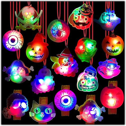 Halloween Lights- 24 pcs Halloween LED Necklace Bracelets Pumpkin Ghost Pirate Spider Eyeball Halloween Party Favor Light up Flashing Decoration Trick Treats Gift Bag Fillers for Women Men Family Pack