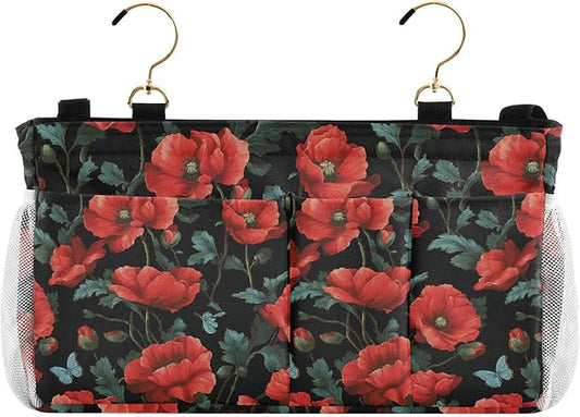 Poppy Butterfly Leaf Bedside Caddy for Dorm Bed Bedside Hanging Caddy Bag Iron Frame Storage Organizer Pocket for Bunk Home College Hospital Beds 2 Hooks