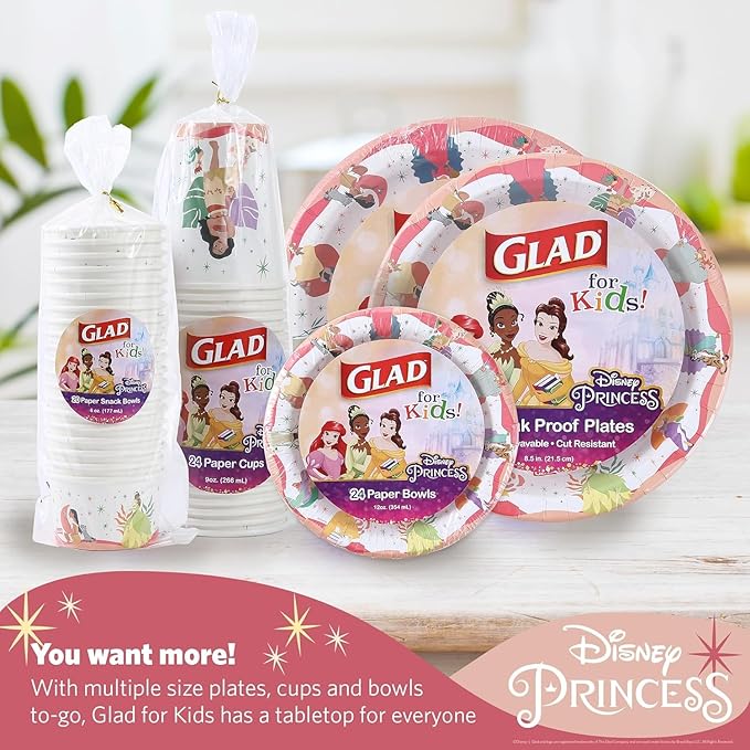 Glad for Kids Disney Princess Magic is in All of Us 12oz Paper Bowls| Disney Princess Paper Bowls, Kids Bowls| Kid-Friendly Paper Bowls for Everyday Use, 12oz Paper Bowls, 24 Count - 10 Pack