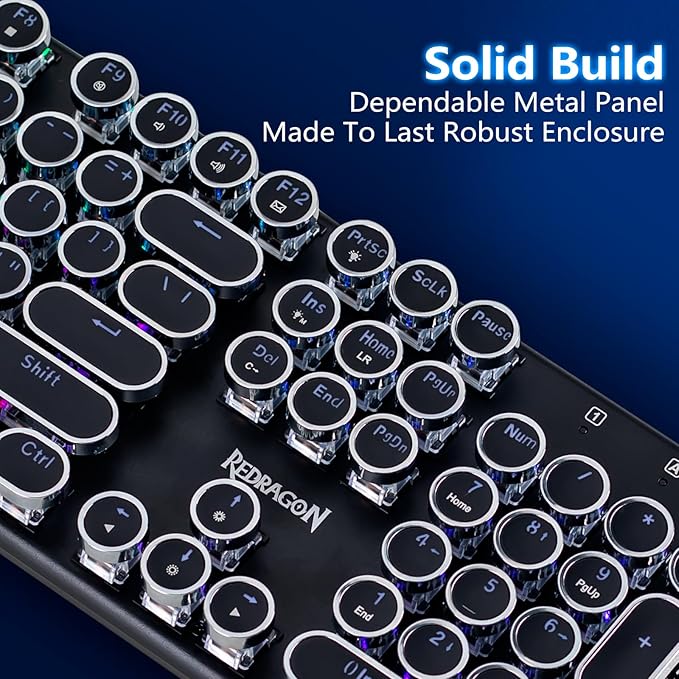 Redragon Typewriter Keyboard Wireless, Mechanical Gaming Keyboard, Bluetooth/2.4Ghz/Wired, RGB LED Backlit, Rechargeable, Blue Switch - Clicky, Solid Metal Panel, Round Keycaps, Black