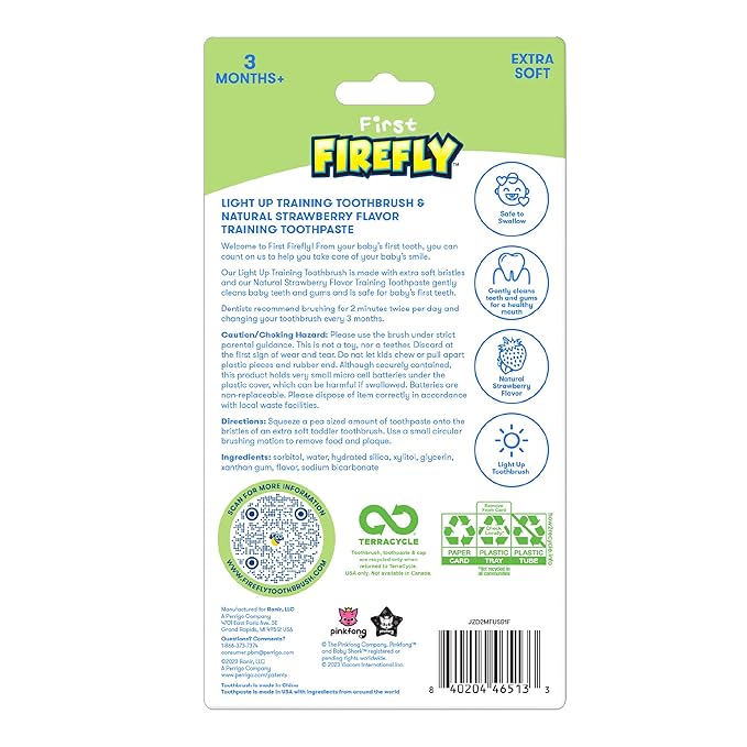 Firefly First Training Kit, Light Up Toothbrush and Natural Strawberry Flavor Training Toothpaste, Baby Shark