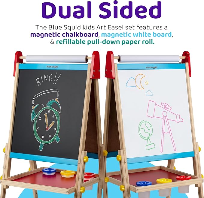 Blue Squid Art Easel for Kids - Dual-Sided Adjustable Wooden Painting Easels, Gift for Toddlers and Kid - with Magnetic Chalk Board, White Board & Paper Roll, (Multicolor +100 Accessories, Premium)