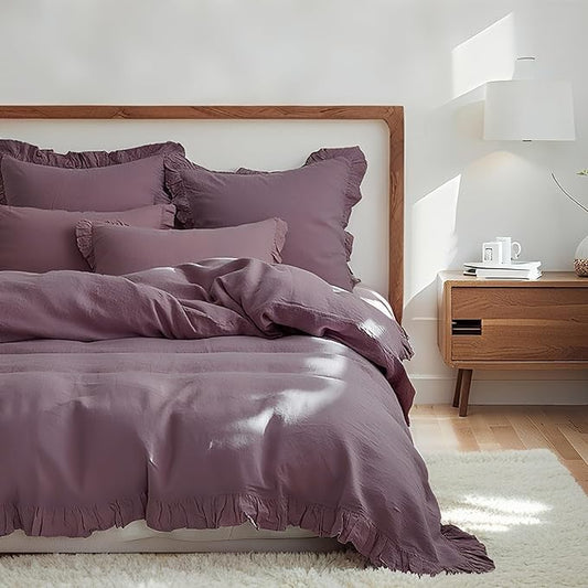 Simple&Opulence 100% Linen Duvet Cover Set, 3 PCS Natural French Flax Purple Ruffle Duvet Cover Queen Size, Breathable Comfy Linen Bedding Comforter Cover with 2 Pillowcases (Purple, 88" X 92")