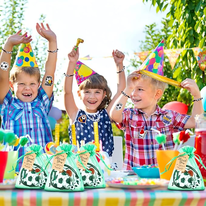 130 Pcs Soccer Party Favors Soccer Gift with Soccer Keychain Organza Soccer Goodie Bags Soccer Bracelet Soccer Stickers Kraft Tag Soccer Party Decorations for Boys Girls Birthday Sports Events