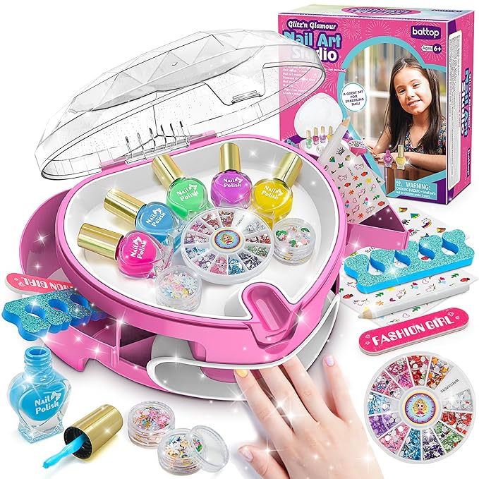 BATTOP Kids Nail Polish Set for Girls, Nail Art Kit for Kids with All-in-One Organizer Nail Dryer, Polish, Stickers, Gems, Filer - Ideas Gift for Girls 6 7 8 9 10 11 12 - Dress-Up Toy