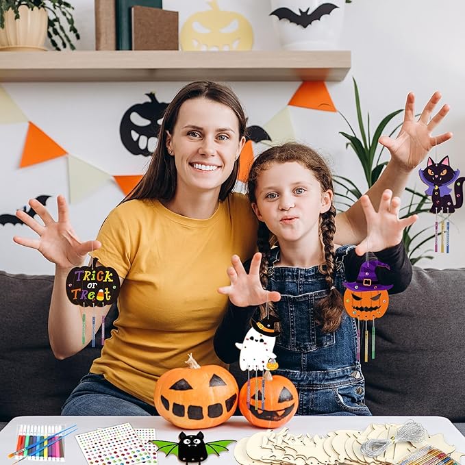 gisgfim 16 Pack Halloween Wind Chime Kits Crafts for Kids Make Your Own Ghost Wind Chime Wooden DIY Arts and Crafts for Halloween Party School Classroom Decoration Supplies Birthday Favors