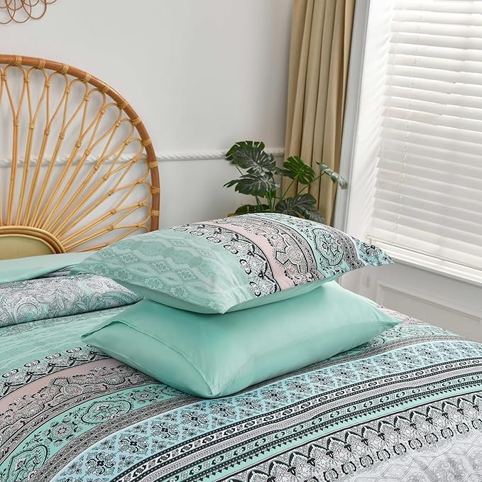 Cottolester Boho Comforter Set Queen Size,8 Piece Bed in a Bag Sage Green Paisley Comforter and Sheet Set,Striped Bedding Set Soft Microfiber Complete Bedding Set