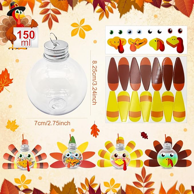 12 Pcs Thanksgiving Turkey DIY Craft Kits,Toddler Thanksgiving Hanging Booze Ball Ornaments Crafts DIY Make a Turkey for Festive Fall Party Classroom Activities Ornament Decorations (Turkey)