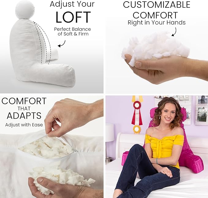 Husband Pillow Medium - Reading Bed Pillow with Arms - Premium Shredded Memory Foam Bed Pillow for Sitting Up - Aspen Edition Sldig Raspberry - Reversible 2 Sided Cover with Plush Microfiber and Suede