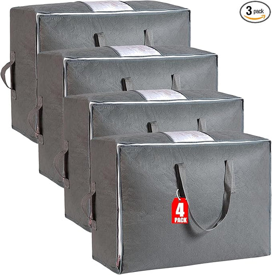 105L Extra Large Storage Bags for Blankets, King Comforters, Bedding, Clothes, Pillows, Sheets - Closet Organizers and Storage with 4 Handles & Clear Window, Foldable & Breathable (Grey, 4pack)